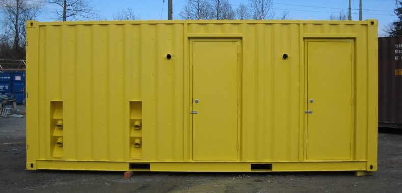 Image of a bright yellow container with several vents and two doors.