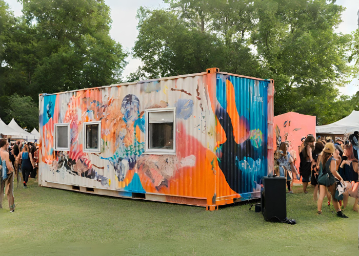 A shipping container at a festival