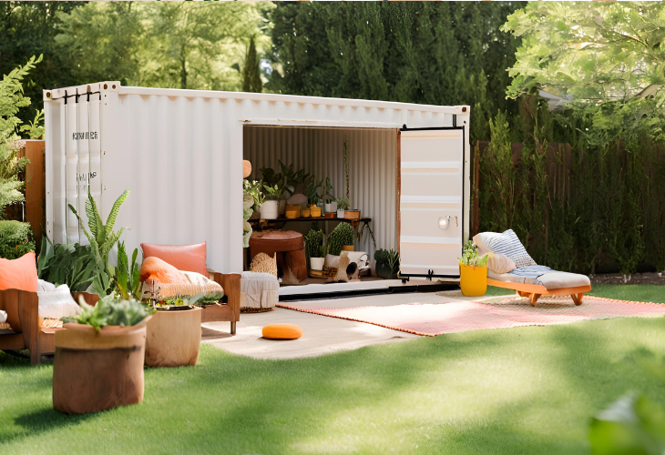 A shipping container in a garden